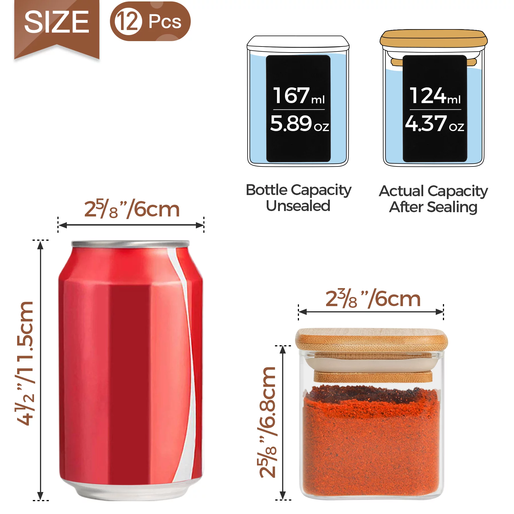 ComSaf Glass Spice Jars with Bamboo Lids, Clear Containers, 4 oz, Set of 12