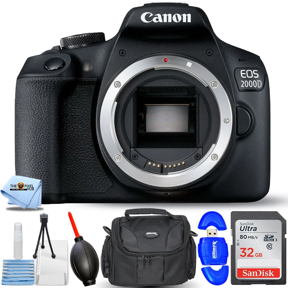 Canon EOS 2000D/Rebel T7 DSLR Camera - Essential Bundle Includes: Sandisk Ultra 32GB SD, Memory Card Reader, Gadget Bag, Blower. Microfiber Cloth and Cleaning Kit
