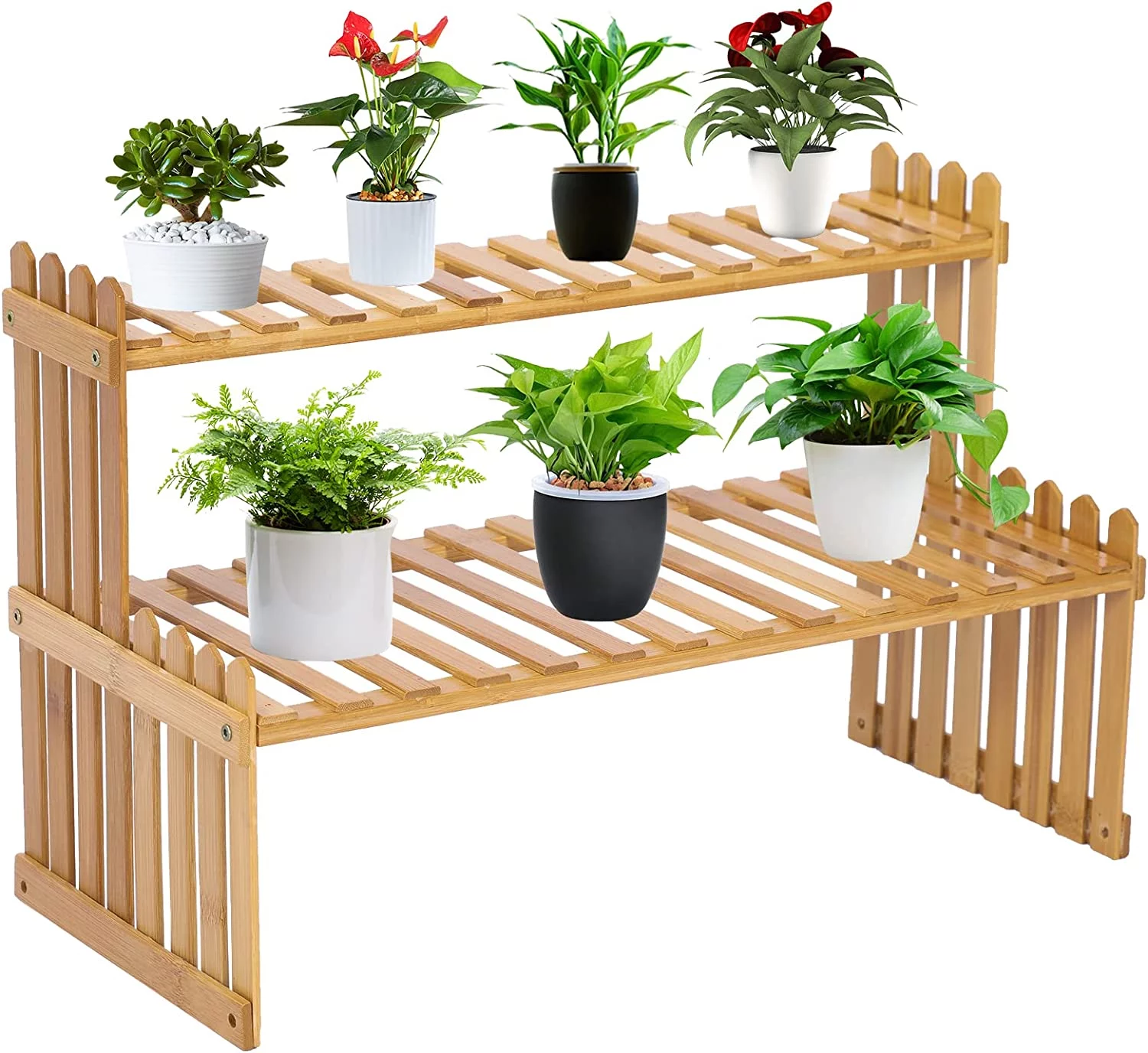 Desktop Plant Stand 2-Tier Wooden Plant Shelf Flower Pot Display Stand for Home Office Balcony