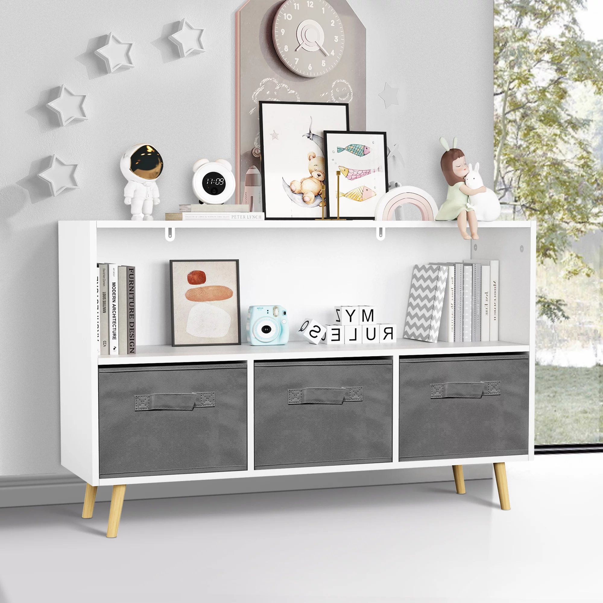 Swonuk Kid's Cubby Toy Storage Cabinet Bookcase Toy Storage Cabinet with Collapsible Fabric Drawers for Organizing Toys and Books in Playroom, Nursery or Children's Room，White