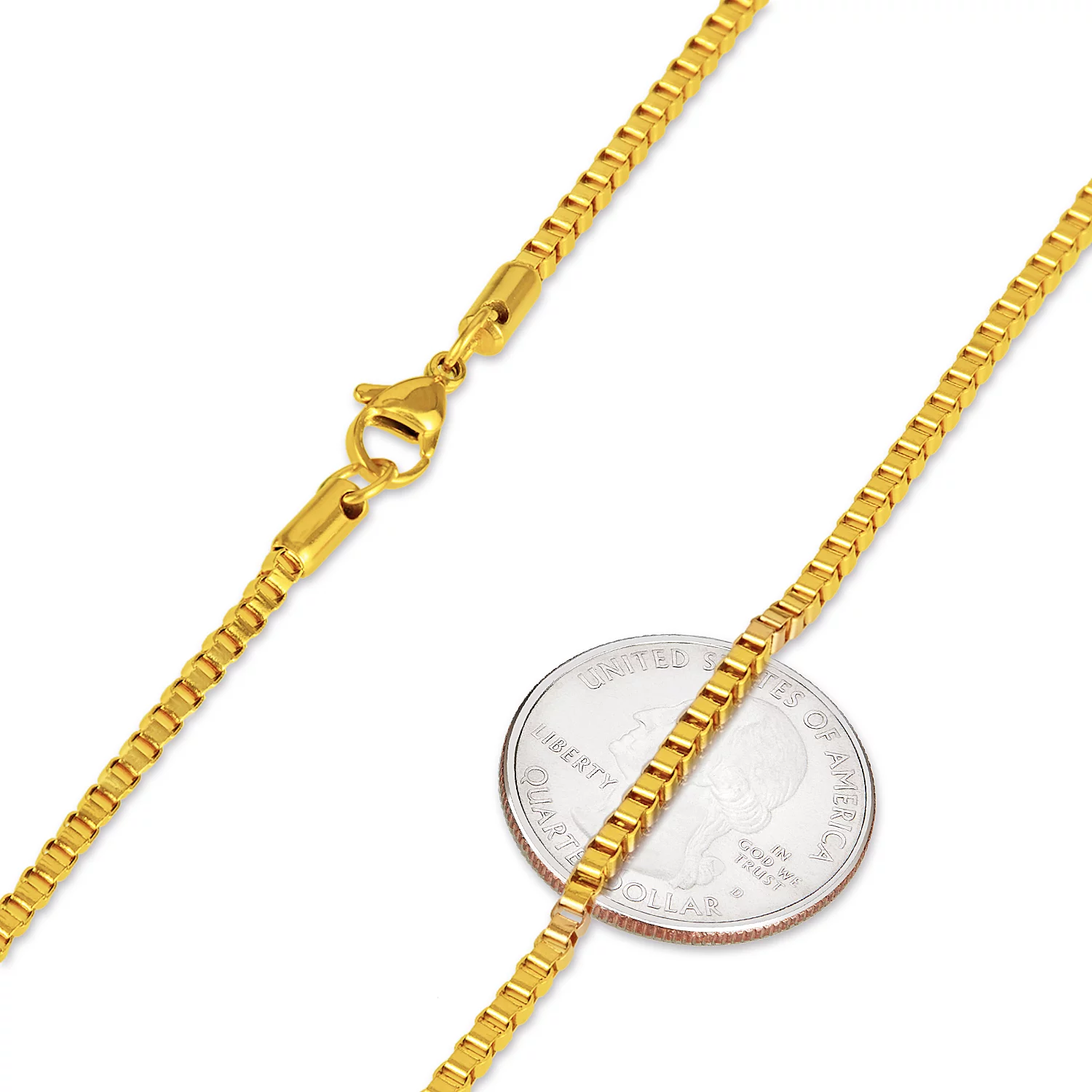 2.5mm 24k Yellow Gold Plated Stainless Steel Square Box Chain Necklace, 24 inches + Gift Box