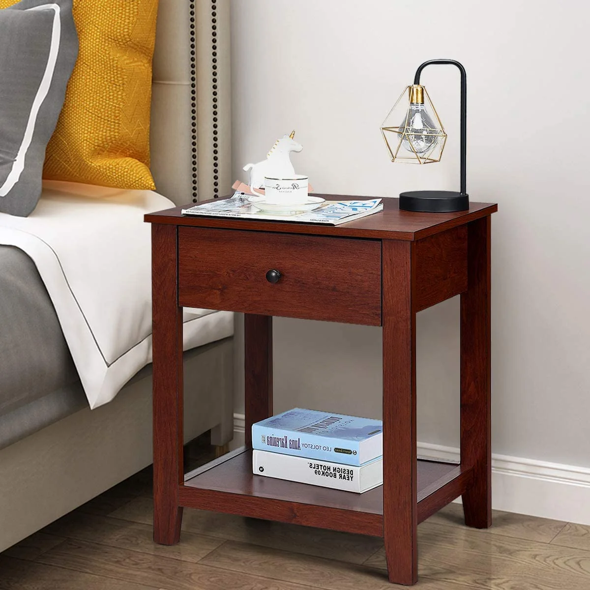 Wooden 2-Tier End Table With Drawer And Storage Shelf, Versatile Bedside Tables, Modern Side Table For Bedroom, Living Room, Small Spaces, Easy Assembly, Walnut