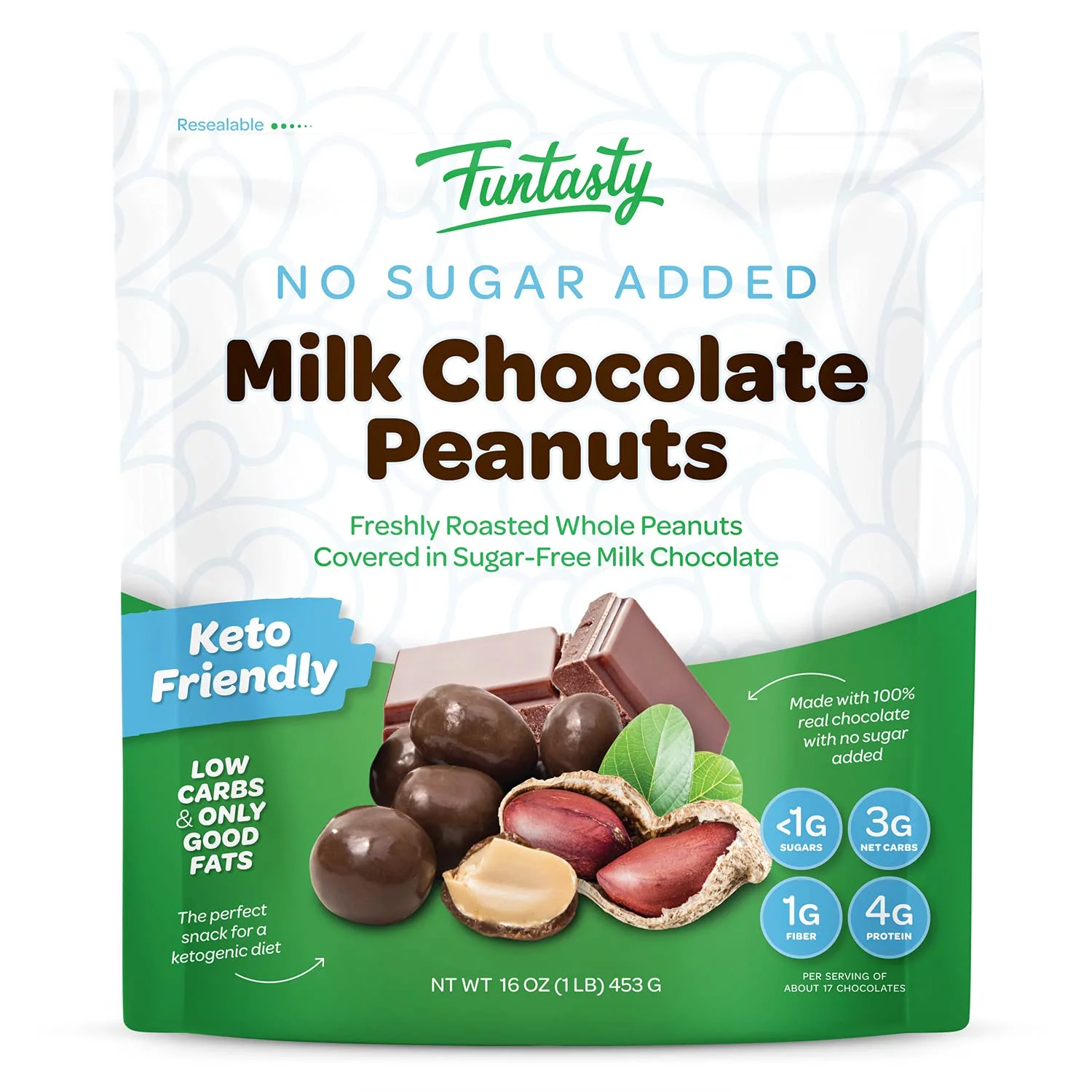 Funtasty Sugar Free Milk Chocolate Covered Peanuts, Keto Friendly, 1 Pound