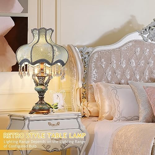 Tiffany European Table Lamps Victorian Desk Lamp American Retro Handmade Fabric Lampshade with Resin Lamp Body Bedside Nightlight Lamp for Bedroom Study Office Living Room