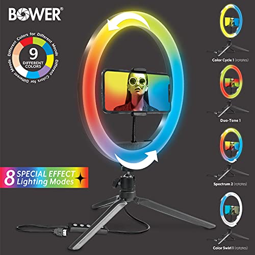 Bower 10 inch RGB Selfie Desktop Ring Light Stand Studio Kit - Ultra Wide Range, 9 Colors, 12 Brightness Levels, Special Effects, Tripod, Phone Clip/Holder
