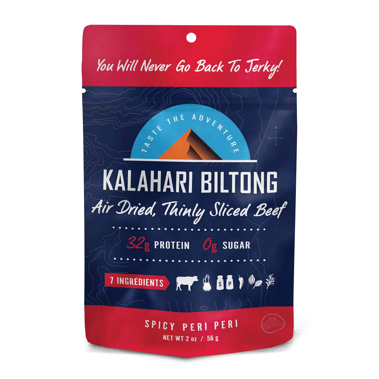 Spicy Peri Peri Kalahari Biltong, Air-Dried Thinly Sliced Beef, 2oz (Pack of 8), Sugar Free, Gluten Free, Keto & Paleo, High Protein Snack