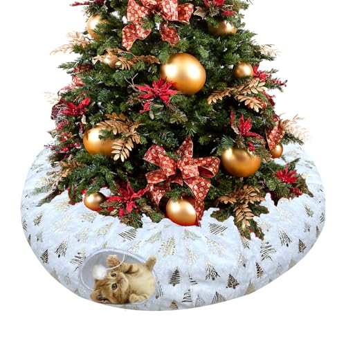 LUCKITTY Christmas Snowflake Print Cat Tunnel Under Tree, Velvet-Touch Jacquard Fabric with Hanging Plush Ball, 10-Inch Diameter 3-Ft Wide Round Pet Tube - Plush & Festive Cat Diversion Red