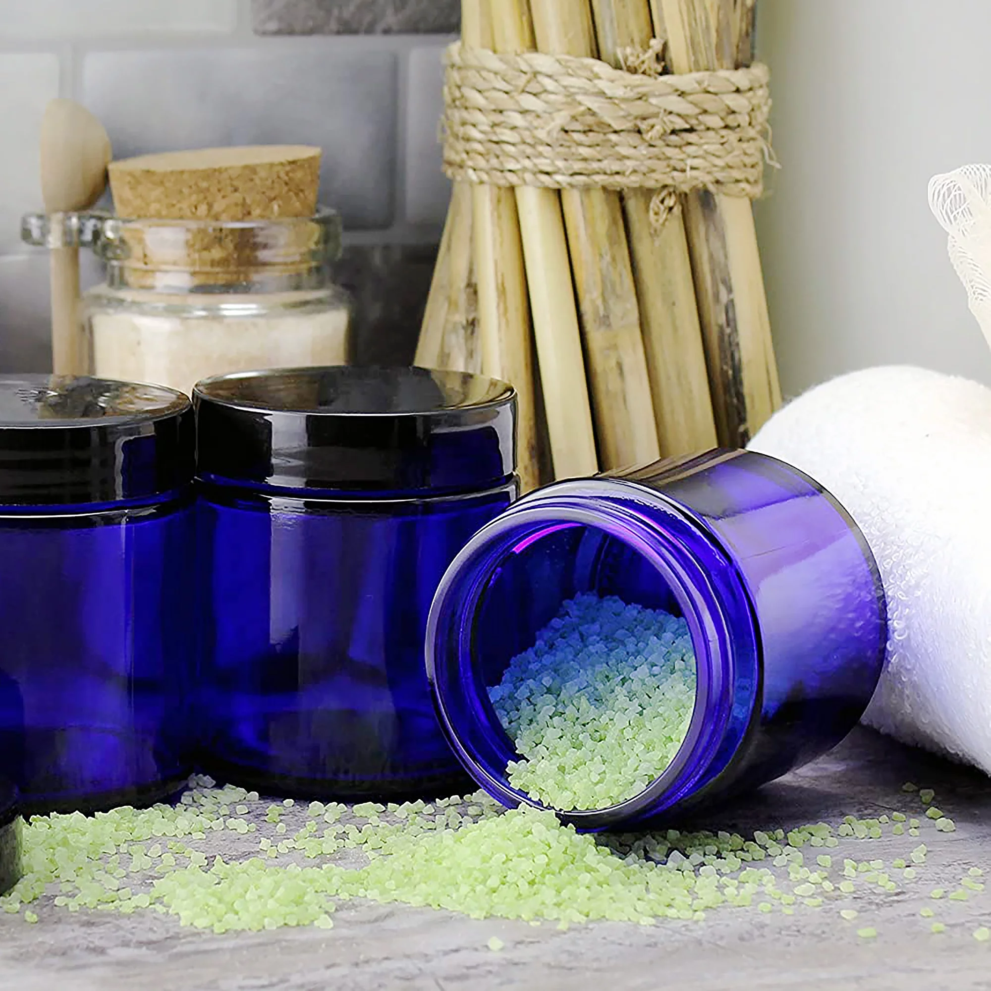 4-Ounce Cobalt Blue Glass Straight Sided Cosmetic Jars (12-Pack); 120 ml. Capacity, BPA-Free Lids