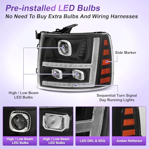 500% Brighter LED Projector Sequential LED DRL Headlight Assembly Fit For 2007-2013 Chevy Silverado 1500 / 2500HD / 3500HD & 2014 Old Body Style (Black Housing Clear Relfector)