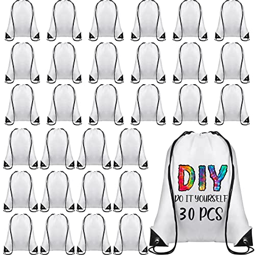 Sieral 30 Pcs Blank Sublimation Drawstring Bags Drawstring Backpack Bulk Heat Press Reusable Polyester Sublimation Bags Cinch Sackpack for Gym Sport DIY Craft, White
