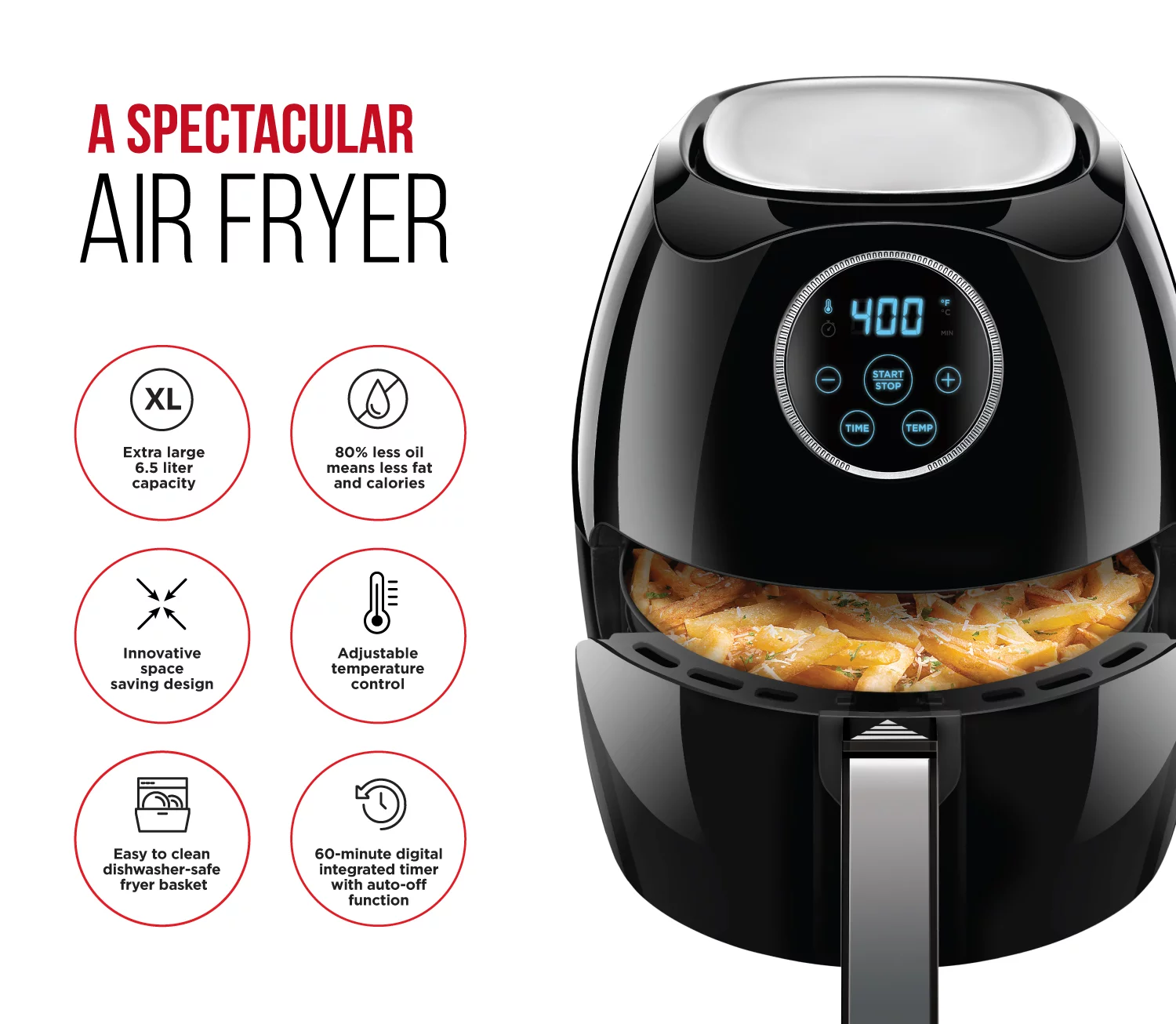 Chefman Digital 6.5 Liter Rapid Temperature Controlling Air Fryer W/ Flat Basket