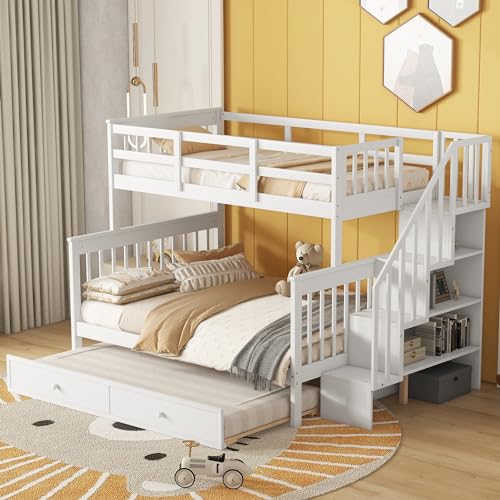 Harper & Bright Designs Twin Over Full Bunk Bed, Wood Twin Over Full Bunk Bed Frame with Trundle and Storage Shelves, Twin Over Full Size Bunk Bed Frame with Stairs for Kids Teens Adults, White