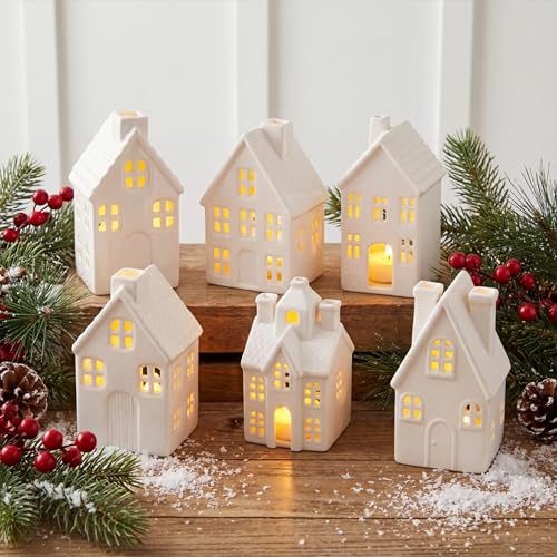 Leinuosen Set of 6 White Ceramic Christmas Village Houses Tabletop 5.1