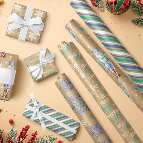 RUSPEPA Christmas Kraft Wrapping Paper - Owl, Reindeer, Christmas Ball and Text Design - 4 Rolls - 30 inches x 10 feet per Roll