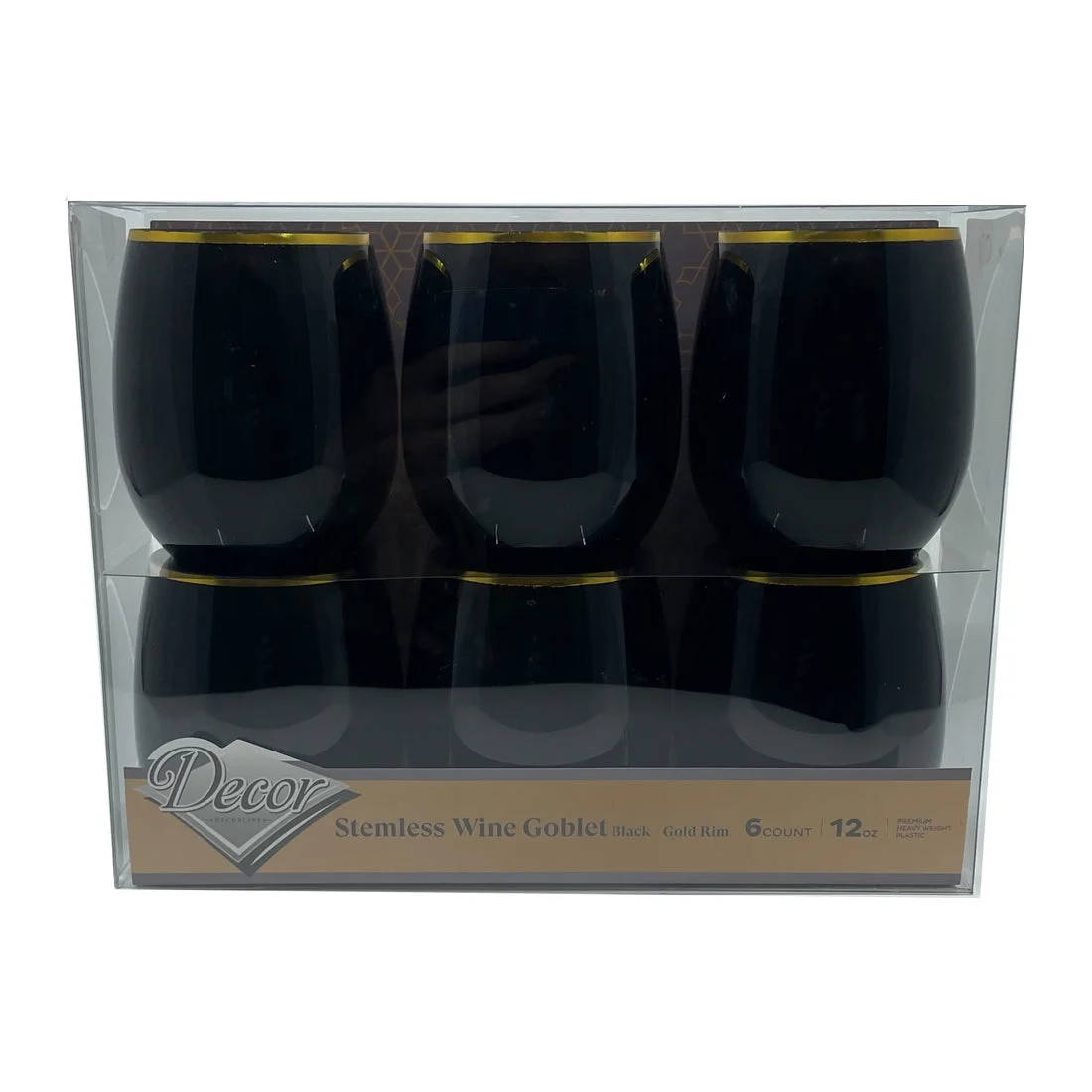 VEZEE Stemless Plastic Wine Goblet 12 oz Black / Gold Rim Pack of 12