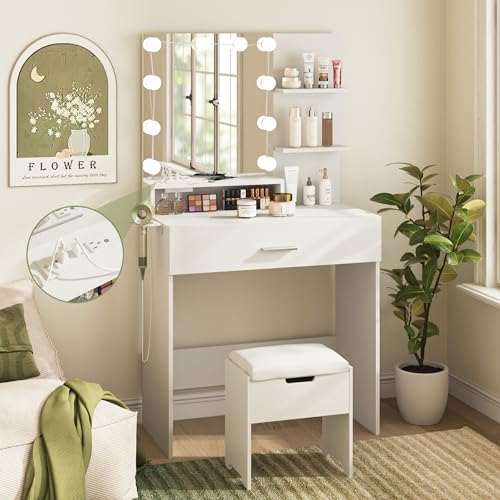 Vabches Small Vanity Desk with Mirror and Lights, Makeup Vanity with Storage Chair & Power Strip,Girl Dressing Table Set with Drawer for Bedroom,3 Lighting Modes,Brightness Adjustable,White