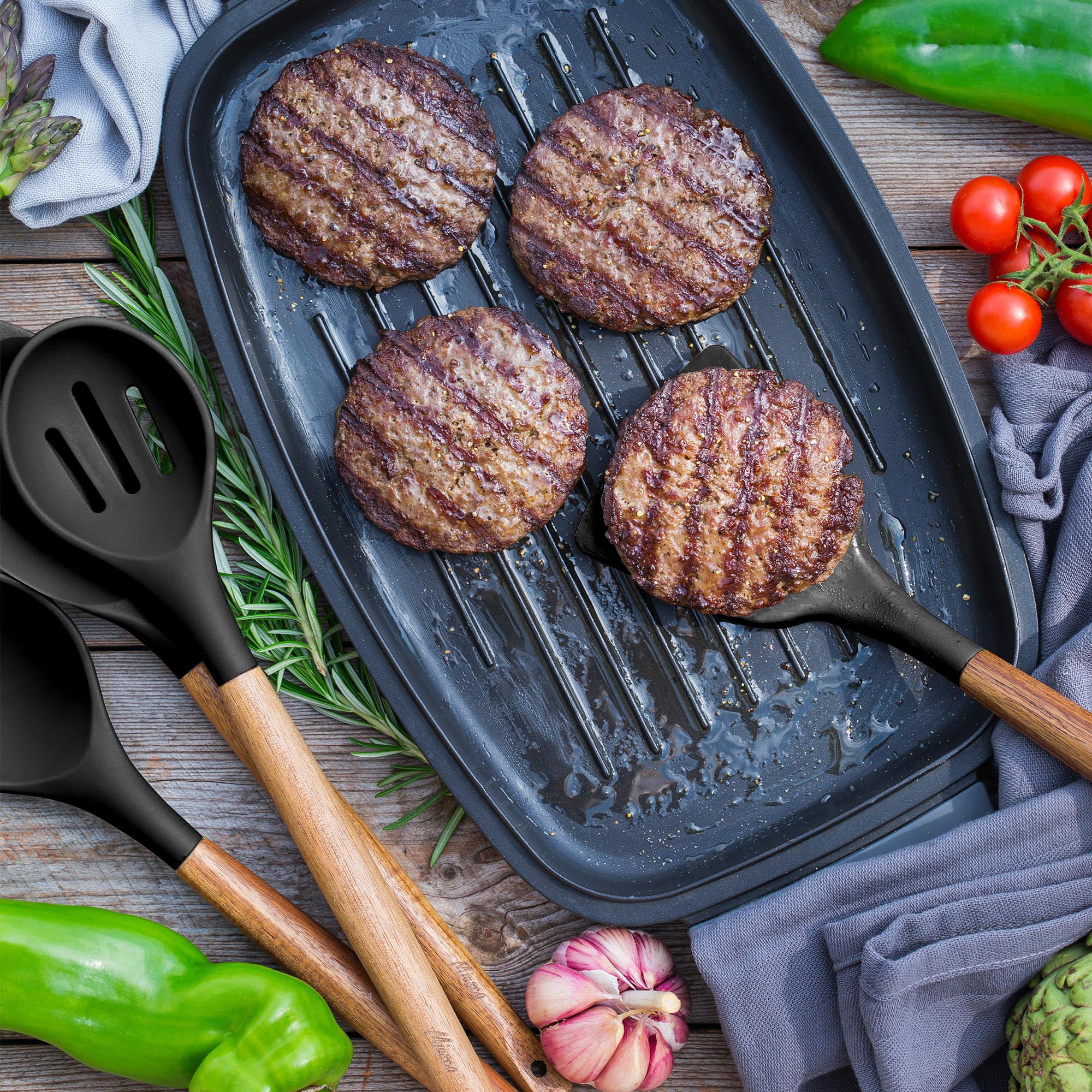 Miusco Nonstick Silicone Kitchen Cooking Utensils Set with Wood Handle, BPA Free, Black 5 pcs