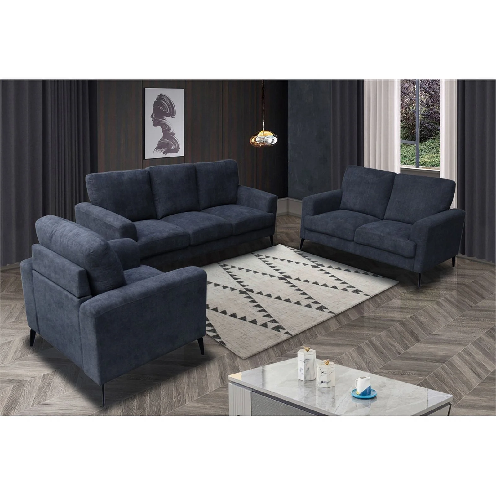Jackson Black Chenille Sofa Loveseat Chair Living Room Set