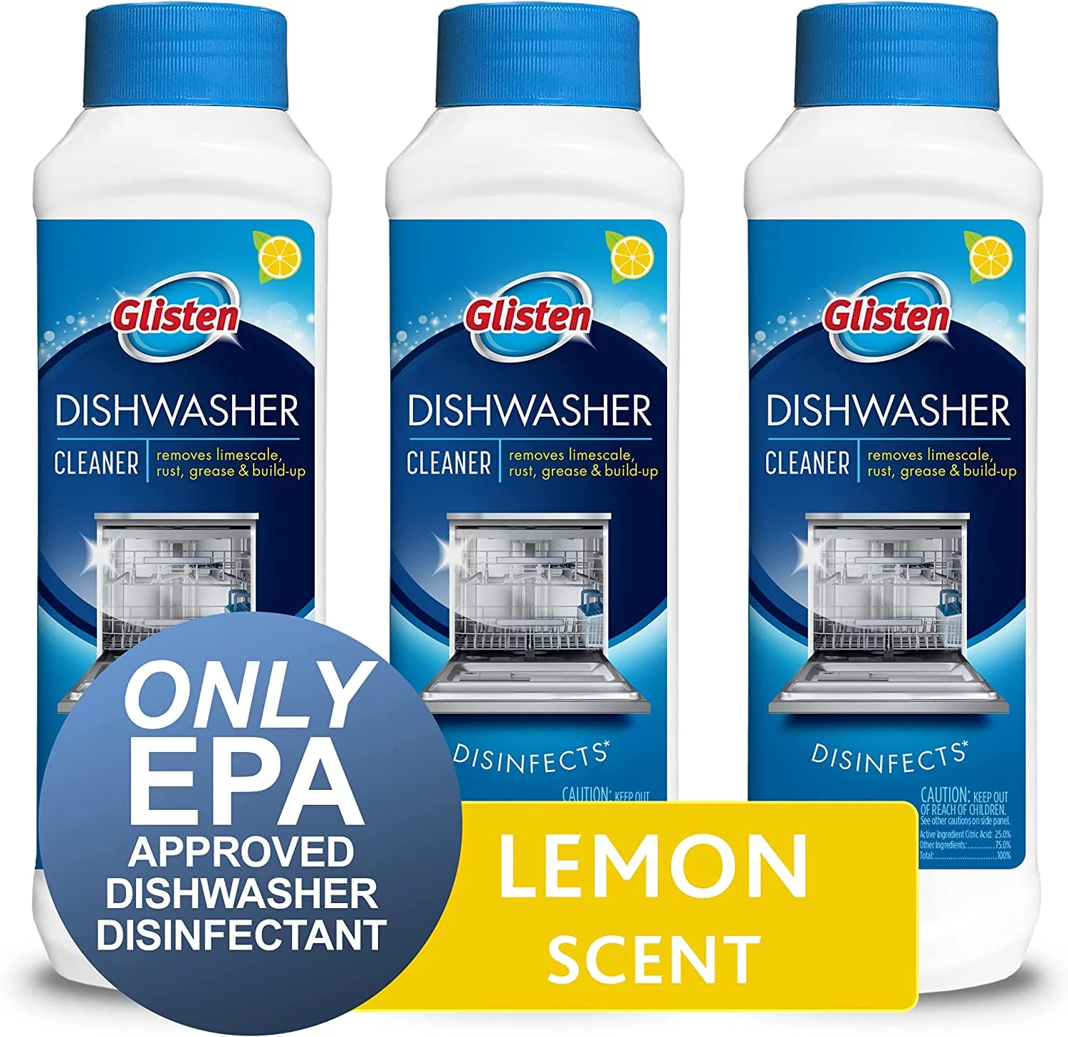 Shiny dishwasher cleaner and disinfectant to remove scale, rust, grease and scale, fresh lemon 12 oz bottle, 3 packs