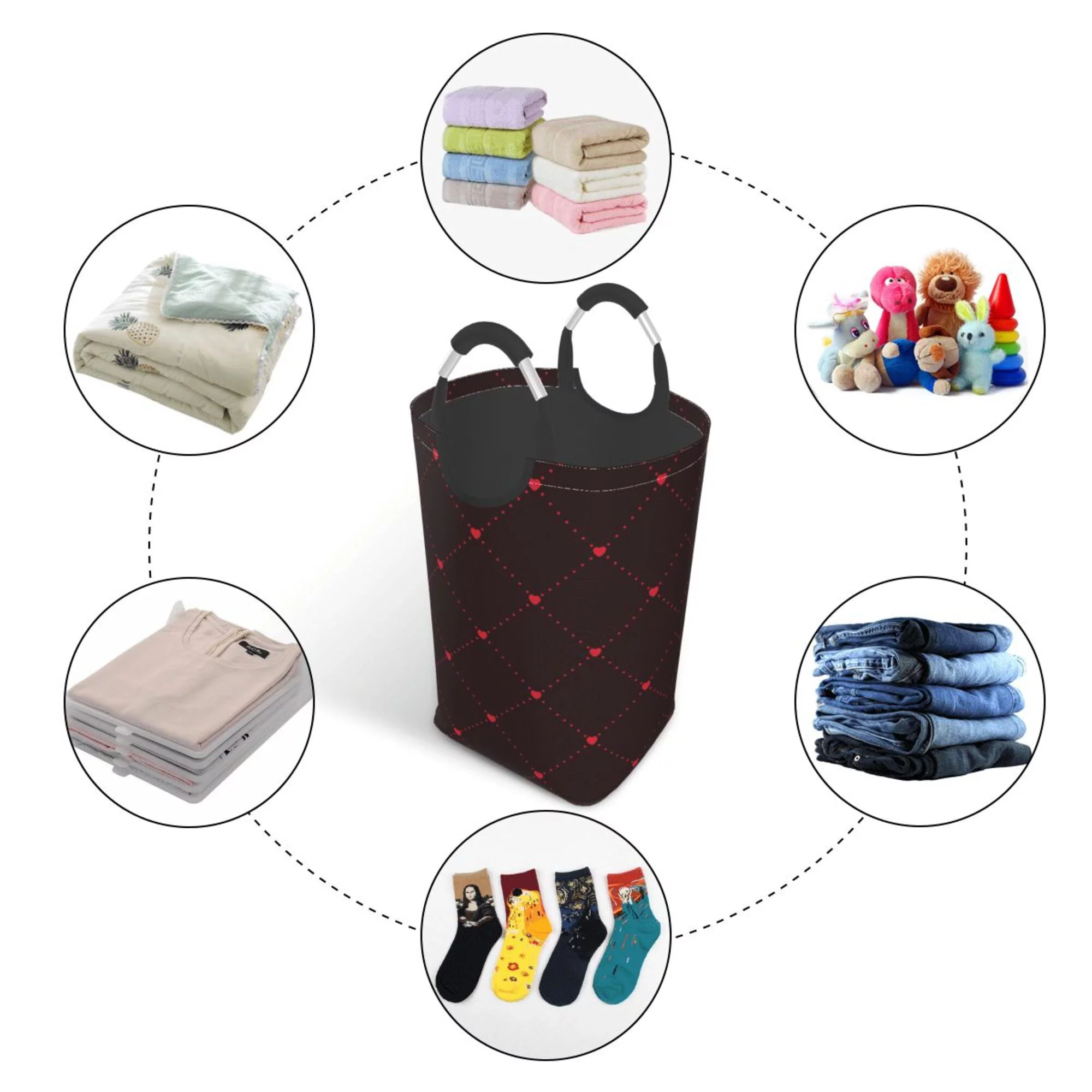 TEQUAN 50L Large Rectangular Laundry Hamper with Aluminum Handles, Vintage Lace Romance Hearts Prints Waterproof Foldable Dirty Clothes Basket