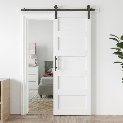 30in x 84in Sliding Barn Door with 5ft Barn Door Hardware Kit & Handle, Pre-Drilled Holes Easy Assembly -Solid Barn Door Slab Covered with Water-Proof PVC Surface, White, 5 Panel