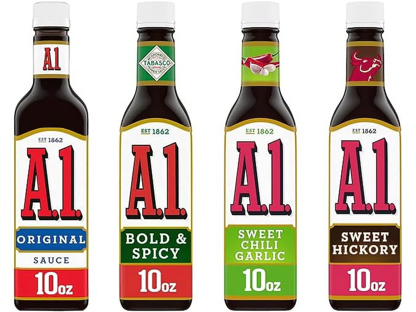 A. 1. Steak Sauce 10 Ounce Bottle Variety Pack 4 Flavors - Original, Sweet Chili Garlic, Sweet Hickory Smoked, and Bold & Spicy - Bundled by Louisiana Pantry