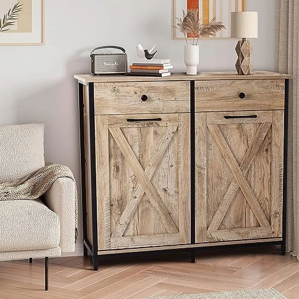 YPZBBOOM Double Barn Door Style Trash Cabinet  Double Tilt Out Trash Cabinet with Solid Hideaway Drawer Rustic Kitchen Trash Cabinet Free Standing Wooden Kitchen Recycling Cabinet  Holder