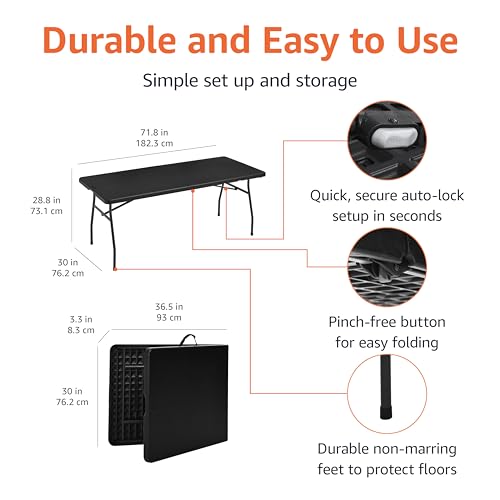 Amazon Basics Heavy Duty Portable Folding Table 6 ft with Carrying Handle, Indoor & Outdoor, White