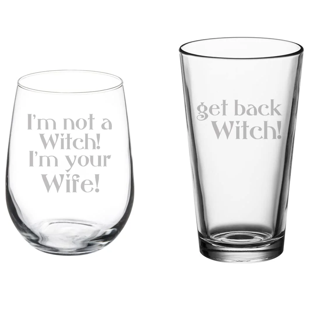 Set of 2 Glasses Stemless WINE & Beer PINT Glass Gift I'm Not A Witch I'm Your Wife For Couple Bride and Groom Wedding Princess Engagement Anniversary
