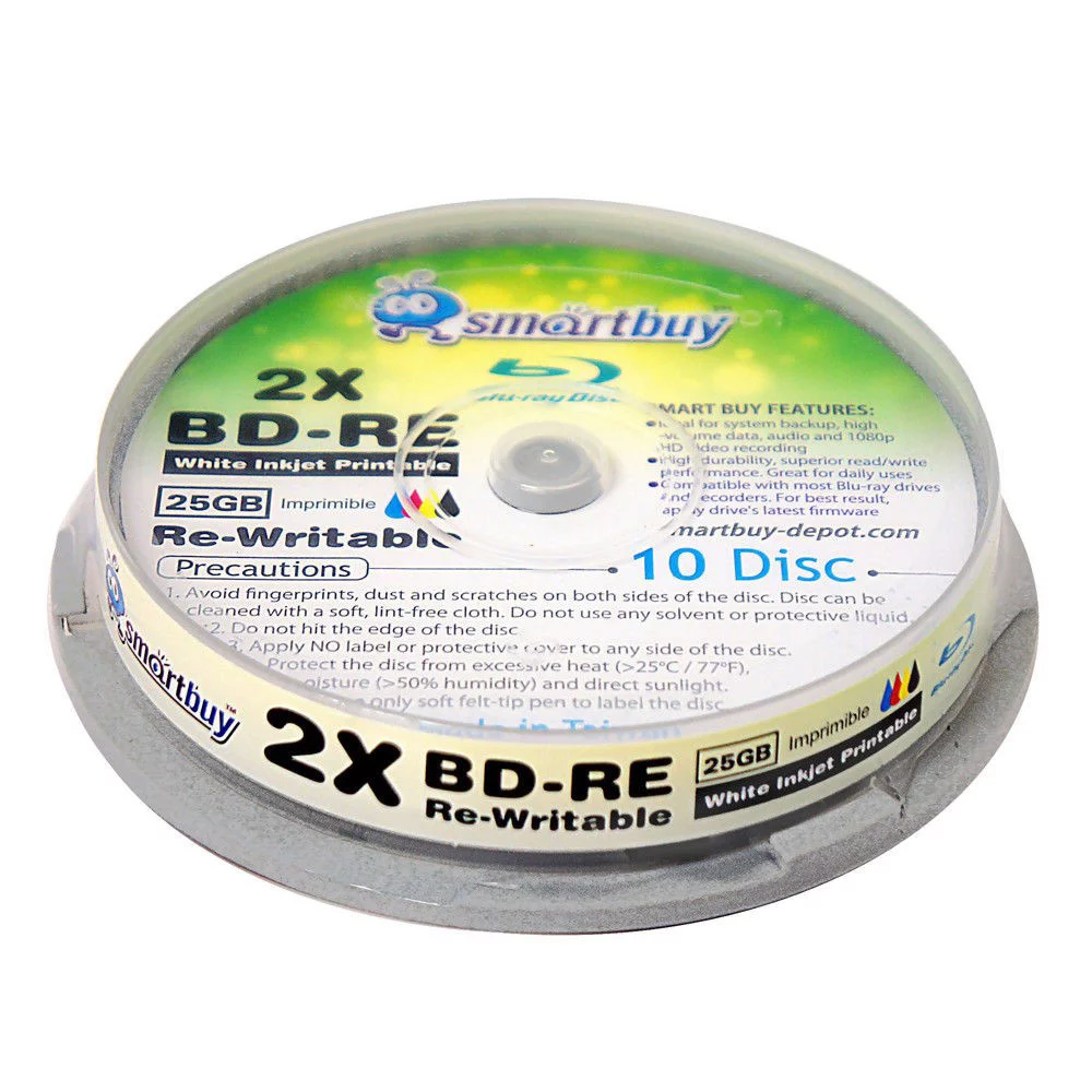 30 Pack Smartbuy 2x 25GB Blue Blu-ray BD-RE Rewritable White Inkjet Hub Printable Blank Bluray Disc