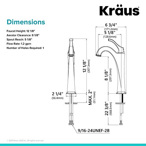 KRAUS KVF-1200BG Arlo™ Brushed Gold Tall Vessel Bathroom Faucet with Pop-Up Drain