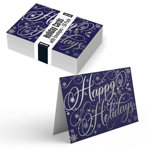 Better Office Products 50 Pack Happy Holidays Cards with Silver Foil Accents, 5