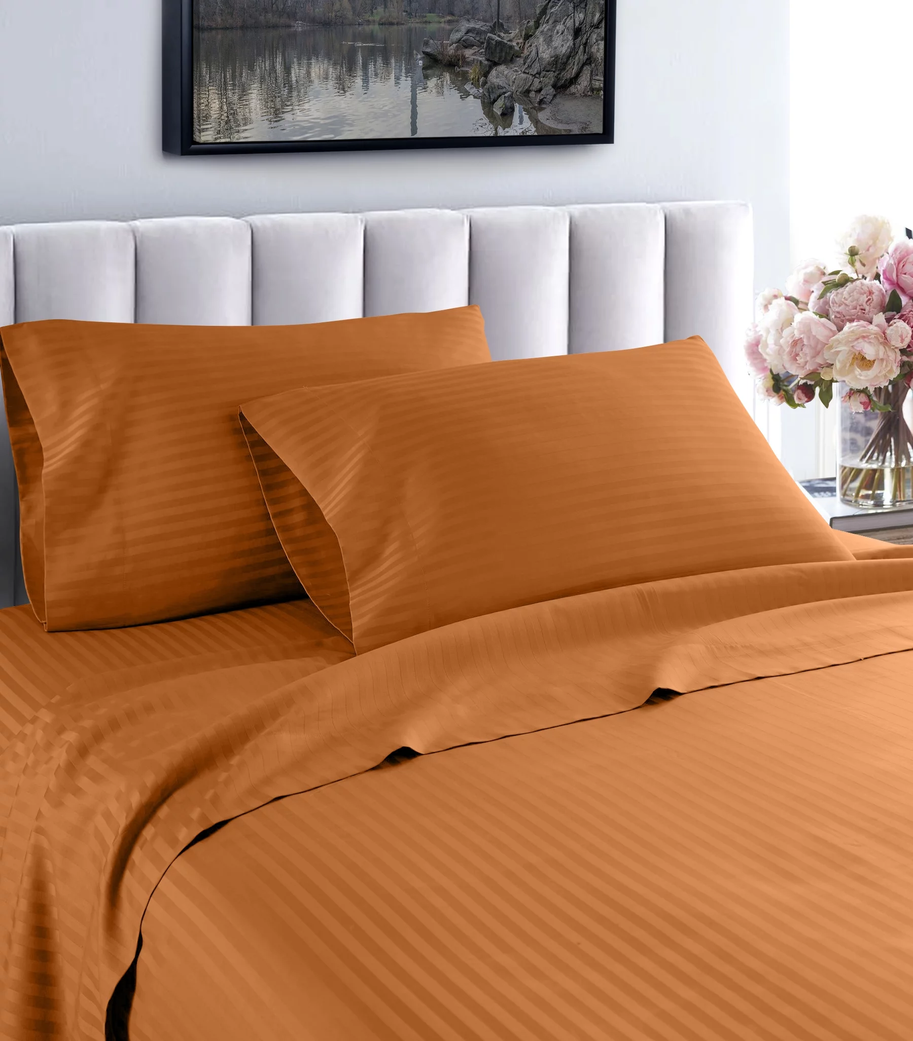 Life Style 1200 Thread Count 100% Egyptain Cotton 4-Piece Deep Pocket Stripe Sheet Set (Full, Spice)