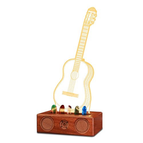 Light Up Guitar Pick Holder, Acrylic Electric Guitar Pick Holder with Audio Styling Wooden Base for Picks Storage and Display, Gift for Guitar Players Guitarists