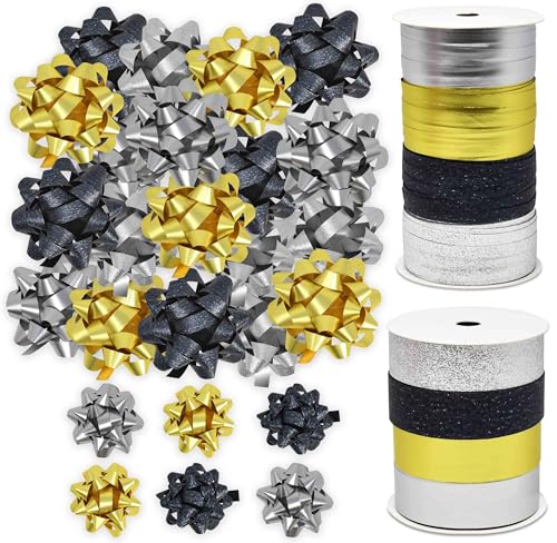 32 Pcs Gift Bows Assortment Set 30 Multi Colored Assorted Size Gift Bows Black Gold Silver & 8 Curling Ribbon Rolls for Christmas New Year Holiday Party