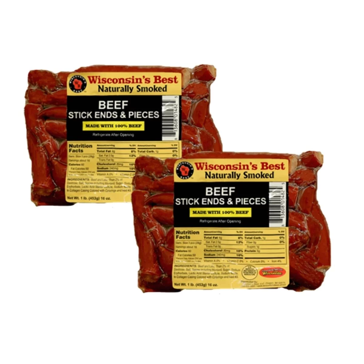 Wisconsin's Best Beef Stick Ends & Pieces, 1 lb, 2 ct, 100% Beef, Shelf Stable, Keto Friendly, High Protein, Low Carb, Low Fat, Low Sugars