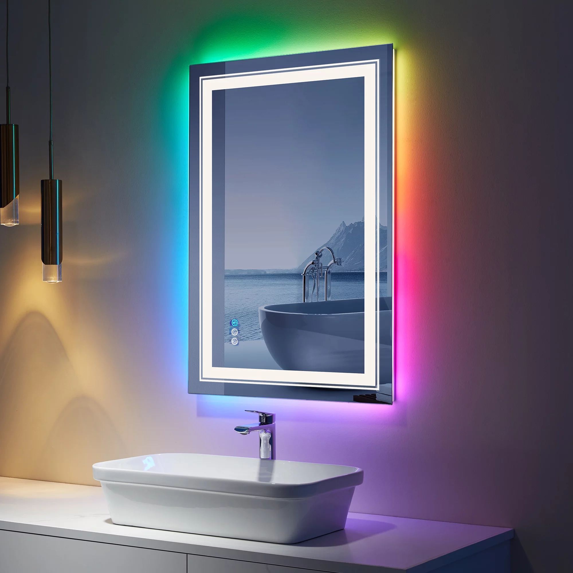 24X36 inch RGB LED Bathroom Mirror Color Changing Backlit + 3 Front Lighting Mirror Anti-Fog Smart Touch Mirror (Horizontal/Vertical)
