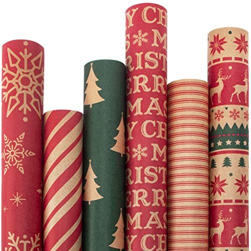 Ribbli Christmas Wrapping Paper - Kraft Paper with Snowflake/Tree/Red Stripe/Merry Christmas Pattern, 6 Rolls Red and Green Holiday Assortment - 17 inch x 120 inch(10feet) Per Roll