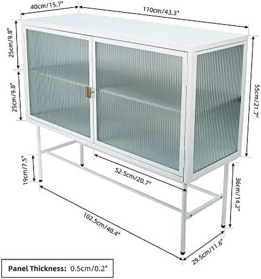 TJUNBOLIFE Retro Style Fluted Glass  Cabinet Corner Cabinet Sideboard Dual Doors Three Detachable Wide Shelves Enclosed Dust-Free  for Living Room Bathroom Dining Room (White)