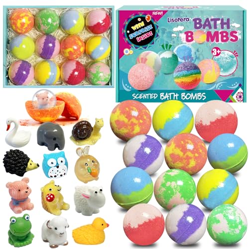 Bath Bombs for Kids with Surprise Inside, 12pcs Bath Bombs with Toys, Natural and Organic Colorful Bubble Bath Fizz Ball, Gift Set for Birthday, Halloween, Christmas for Boys and Girls