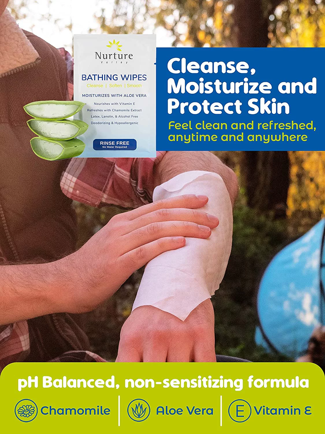 Nurture Valley Rinse Free Bathing Wipes Aloe Vera + Vitamin E (40 Travel Packs)