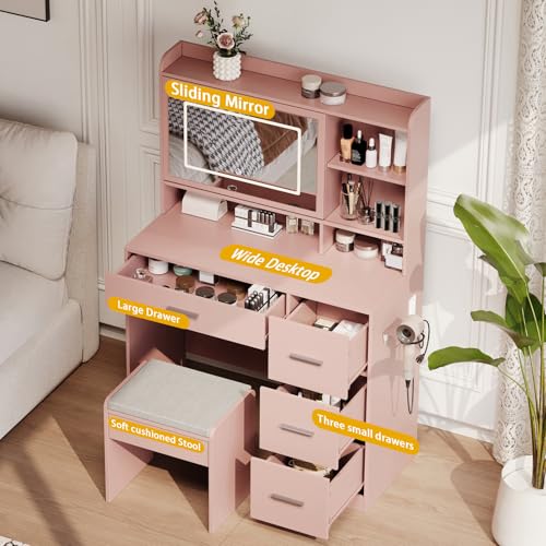 Vanity Desk with a Mirror and Lights，with Chair and Four Drawers, Three Adjustable Lighting Modes，with Power Outlet and Sliding LED Mirror,Bedroom Vanity Desk (White)