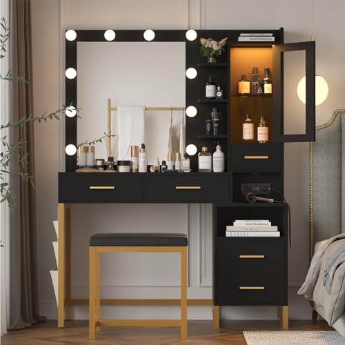 White Vanity Desk with Lighted Mirror and Chair, Makeup Vanity with Charging Station, 5 Drawers Vanity Table Set with LED Cabinet & Storage Bag, Makeup Dressing Table for Girls Women