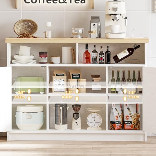 IRONCK Buffet Cabinet with Power Strip, 47 “ Coffee Bar Cabinet with Barn Doors and Thickened Top Board, Modern Farmhouse Sideboard Storage Buffet for Dinning Room, Kitchen, Rustic White