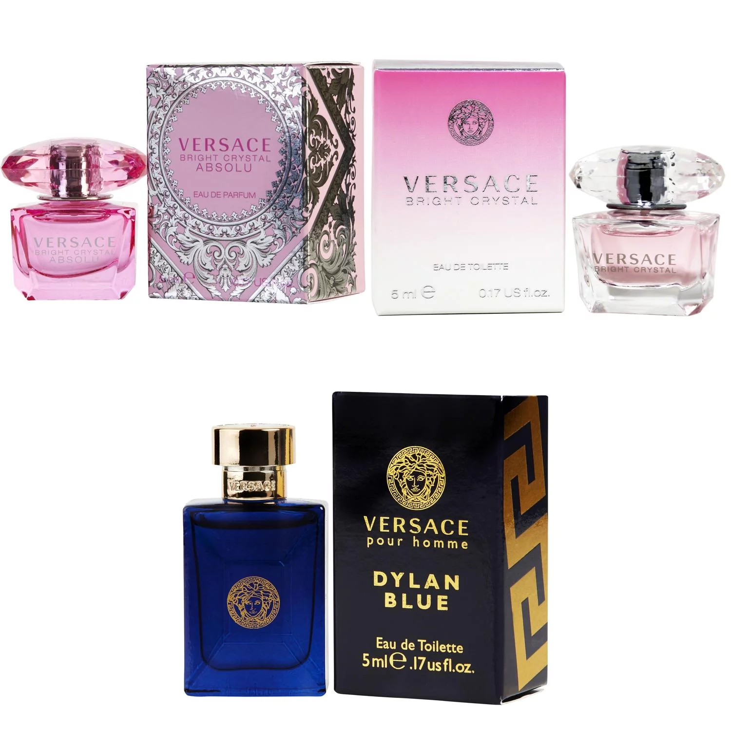 Versace Bright Crystal Absolu EDP, Bright Crystal EDT, Dylan Blue EDT - 5ml 3PK Kit