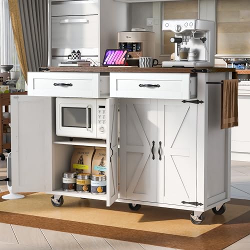53.5'' Farmhouse Mobile Kitchen Island with Power Outlet, Drop Leaf, Spice Rack and Drawer - Rolling Kitchen Cart with Ample Storage, Rustic Storage Islands Table for Home and Dining Room