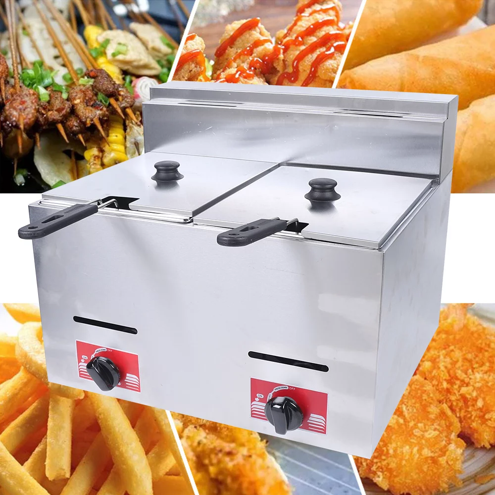 12L Stainless Steel Deep Fryer with 2 Basket and 2 Lid, Table Snack Fryer, Double Cylinder Gas Fryer, White