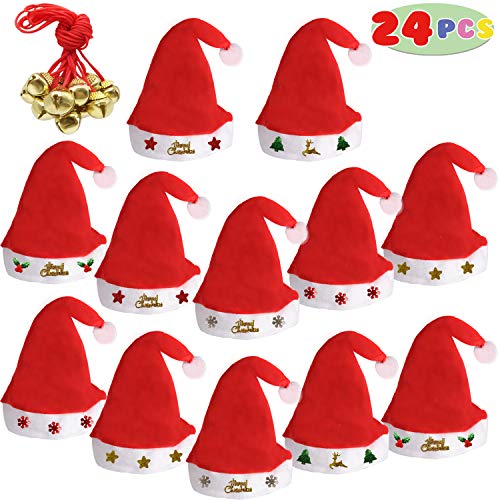 12 Fancy Christmas Santa Hats with 12 Jingle Bell Necklaces Bulk for Christmas Party Favor Photo Booth; One Size Fits All.