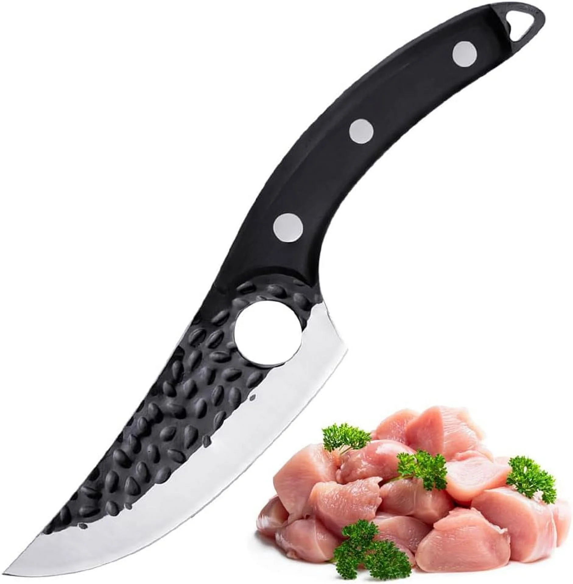 Qulajoy Viking Knife Black Boning Knife Hand Forged Butcher Knife Sharp High Carbon Steel Hammered Meat Cleaver For Kitchen Outdoor Camping BBQ
