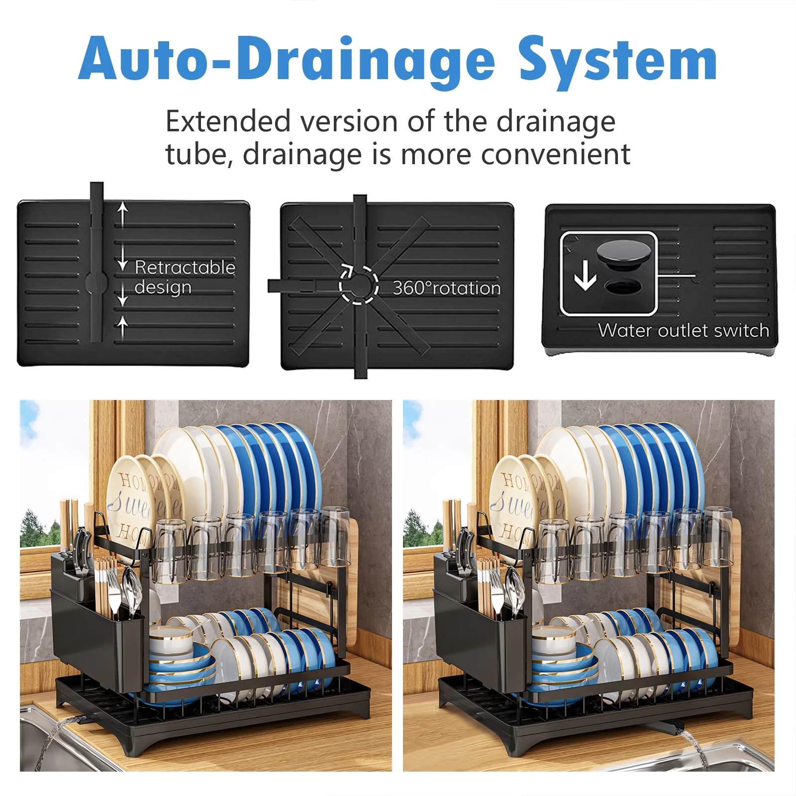 Kogiio 2-Tier Dish Drying Rack with Drainboard,  Black Metal Large Capacity Dish Drainer